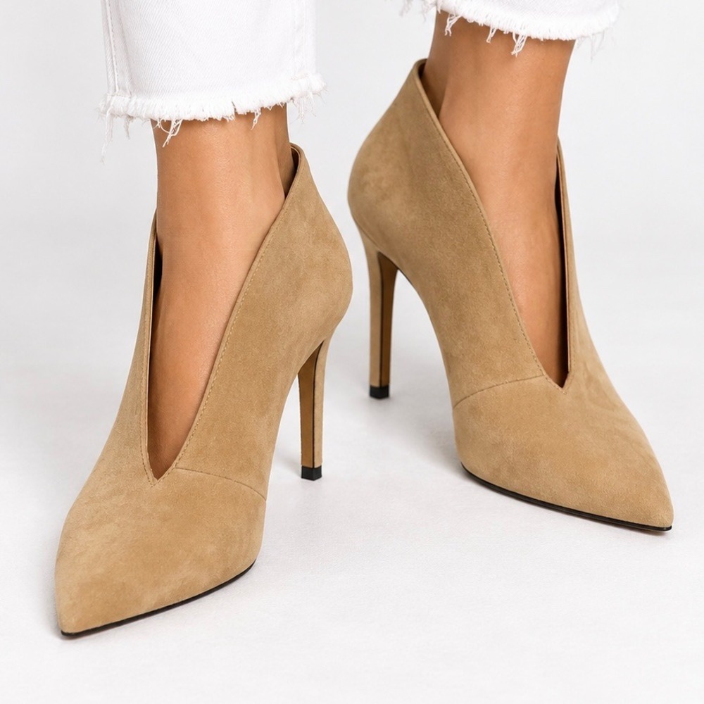 Jeffrey Campbell Electron Tan Suede V-Cut Pointed Toe Stiletto Booties Size 9